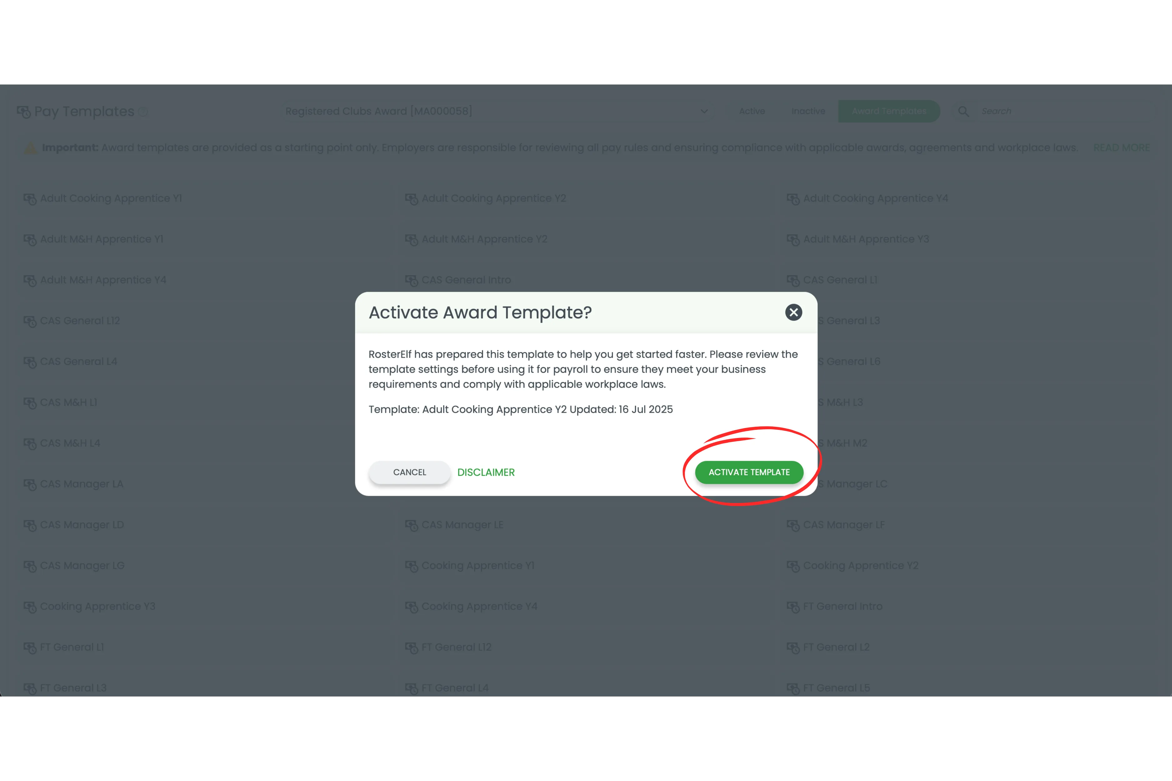 The Activate Award Template confirmation window in RosterElf