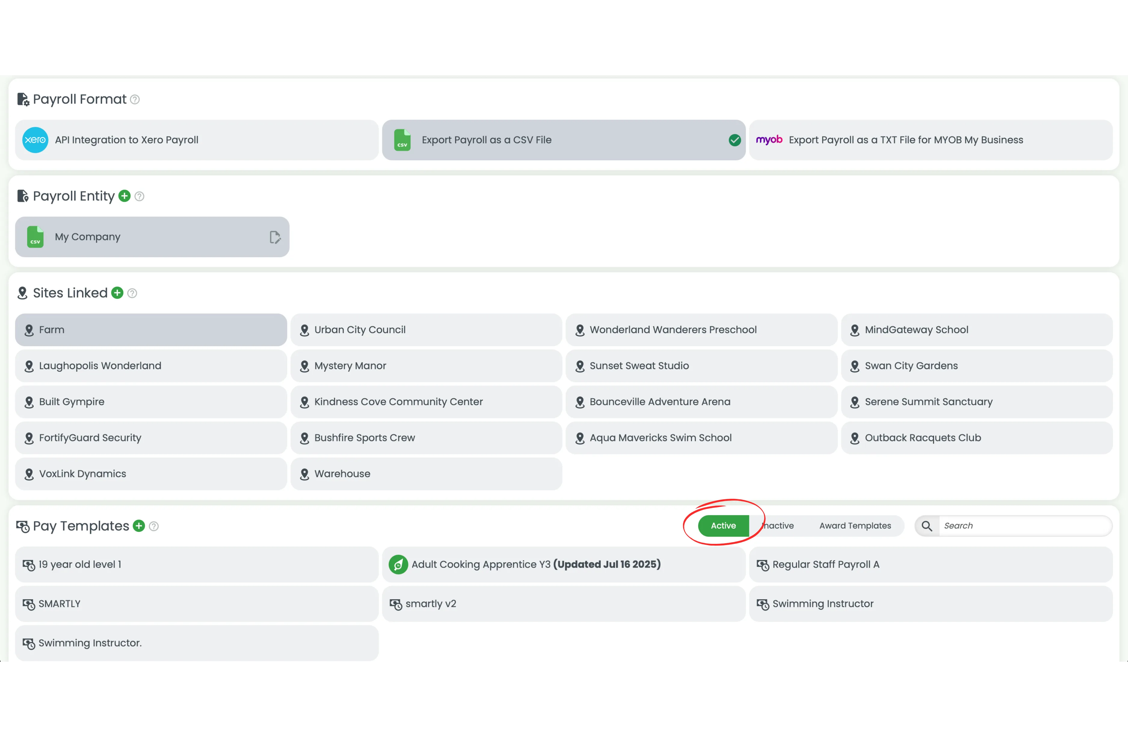 Screenshot showing the Active tab in the Pay Templates section