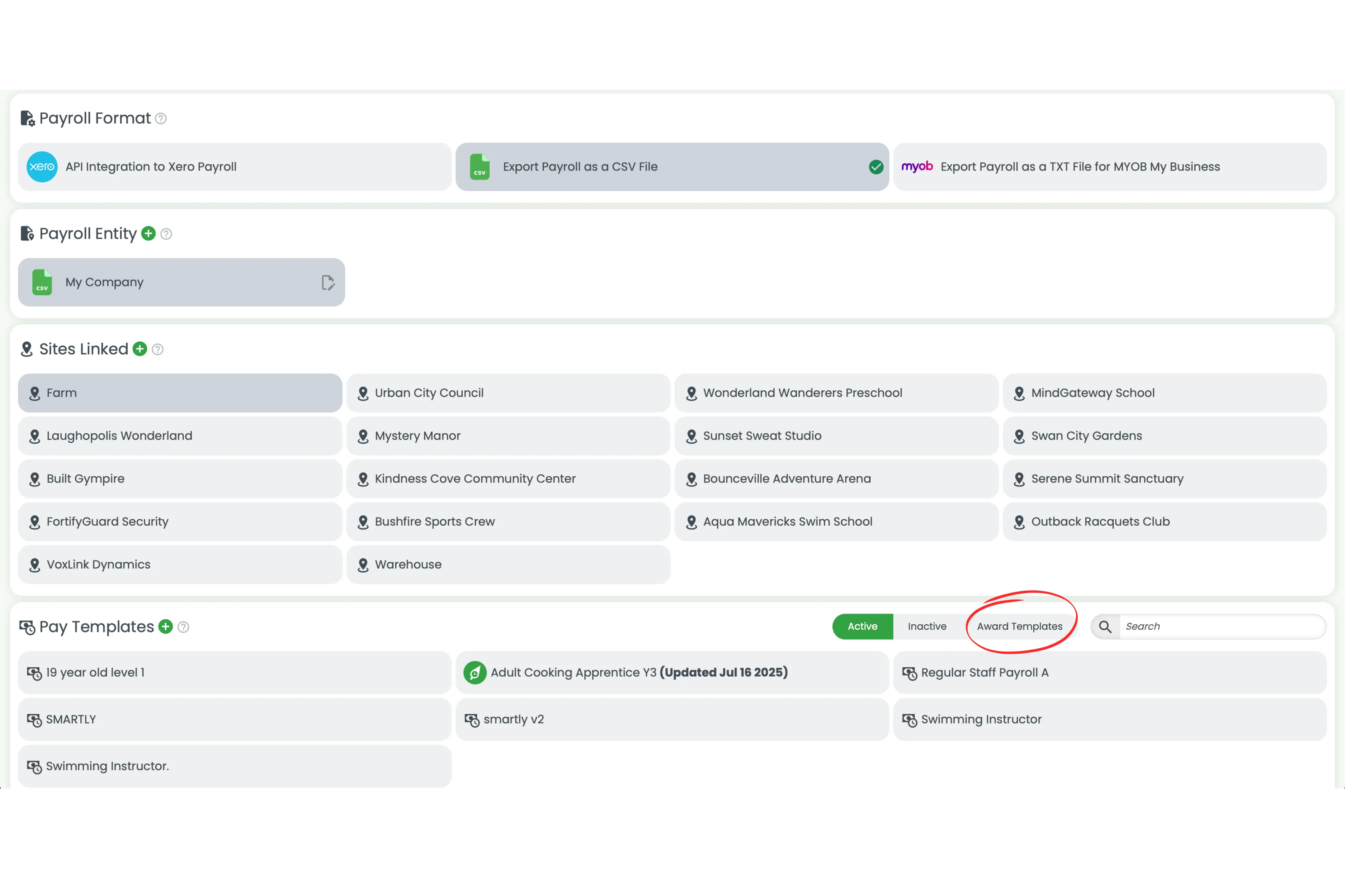 Screenshot showing the Award Templates tab in the Pay Templates section