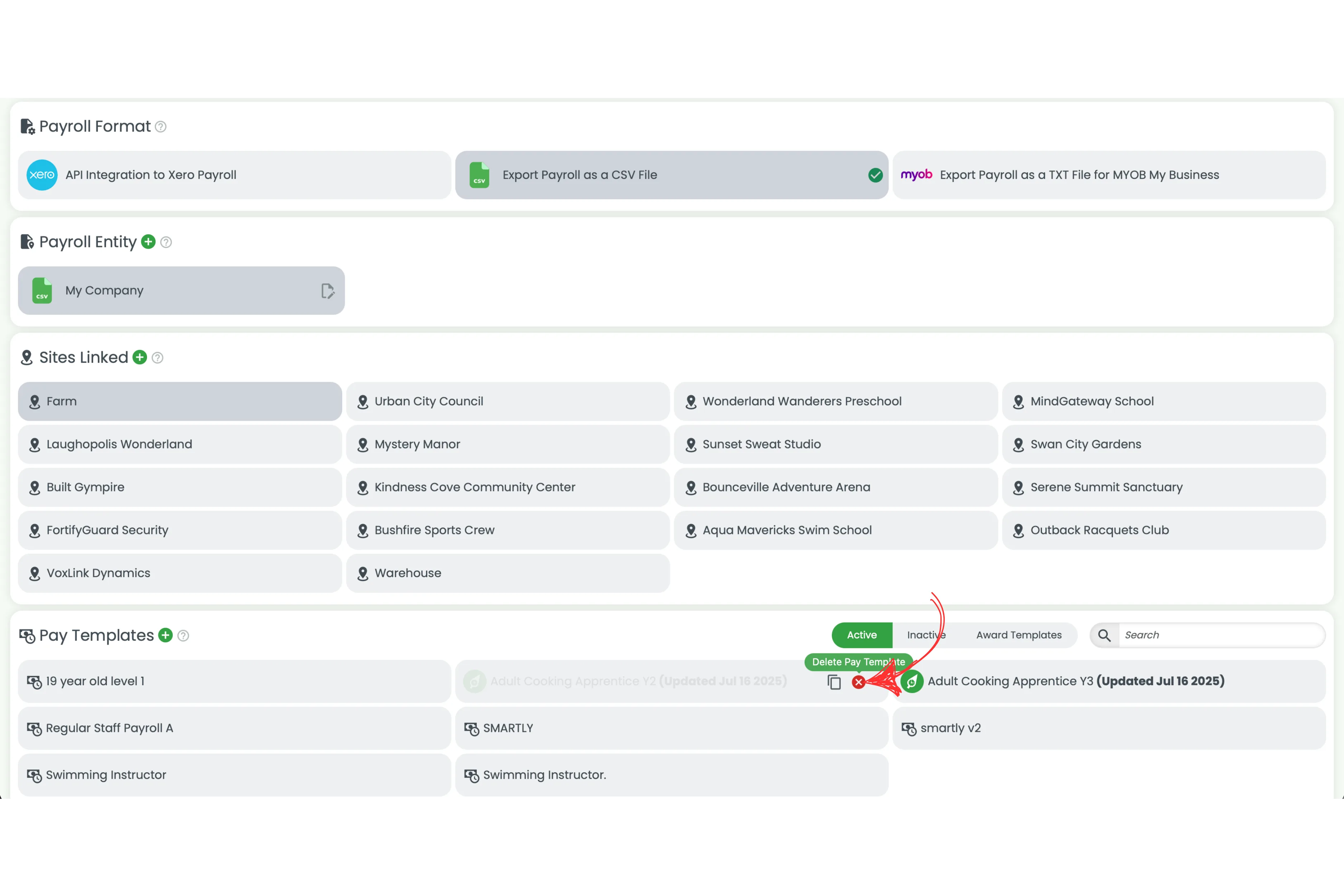 Screenshot showing the delete option when hovering over a template in the Active tab