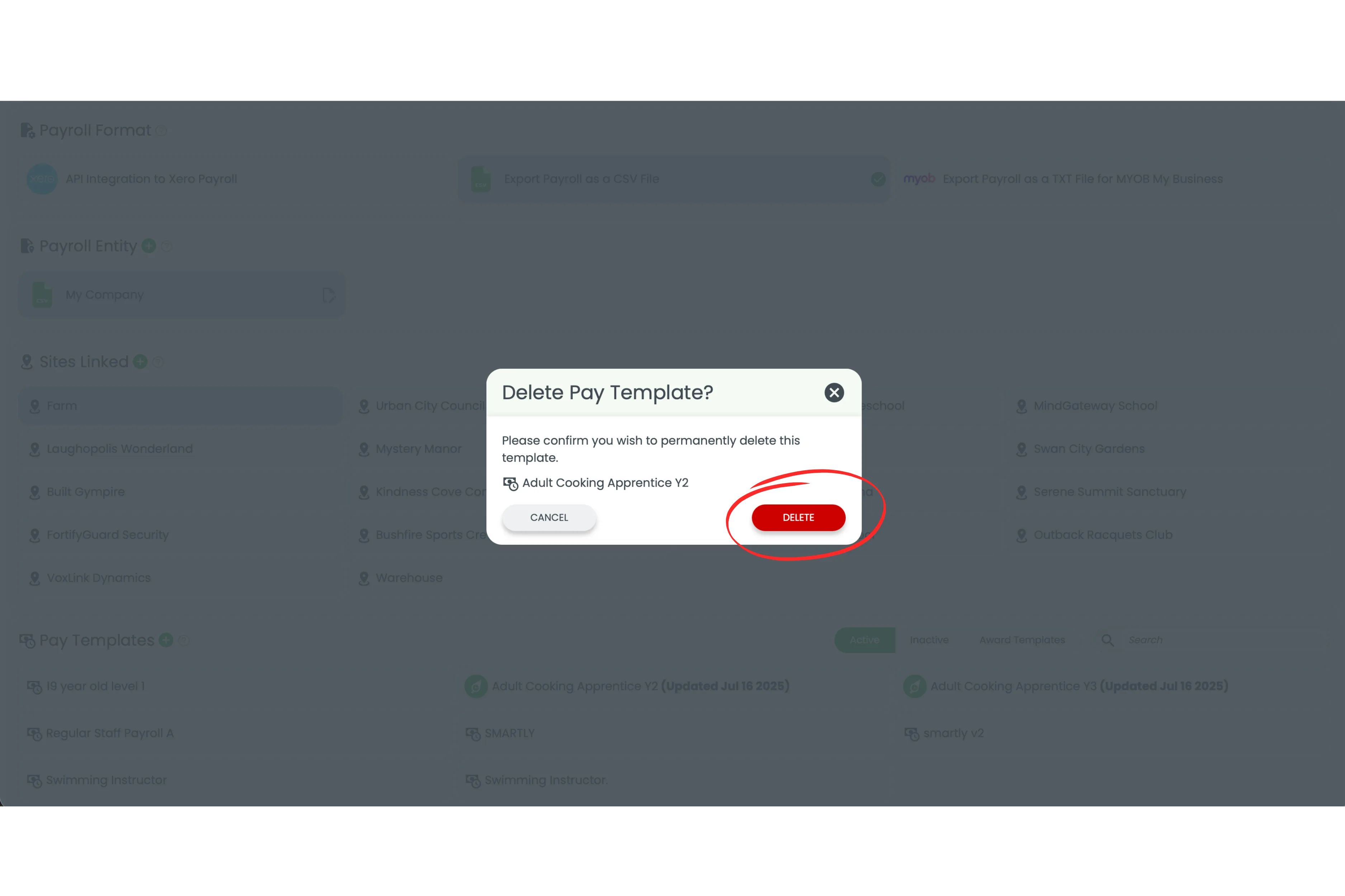Screenshot showing the Delete Pay Template confirmation window