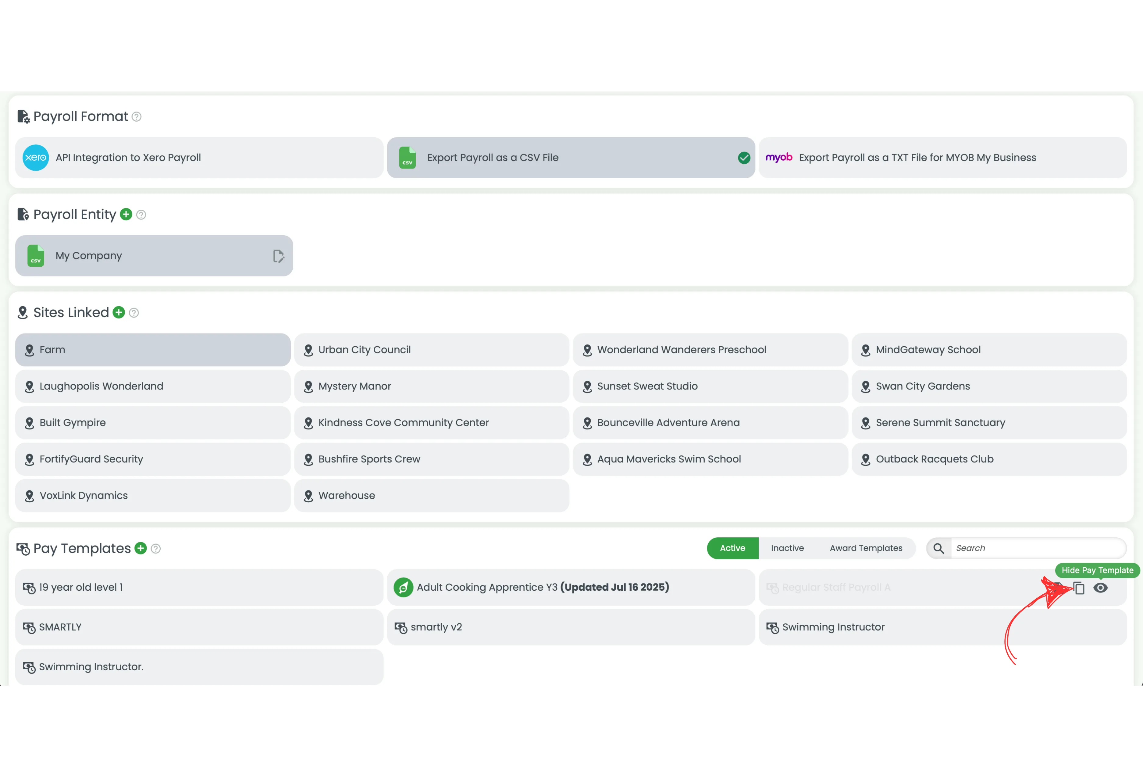 Screenshot showing the hide option when hovering over a custom template in the Active tab