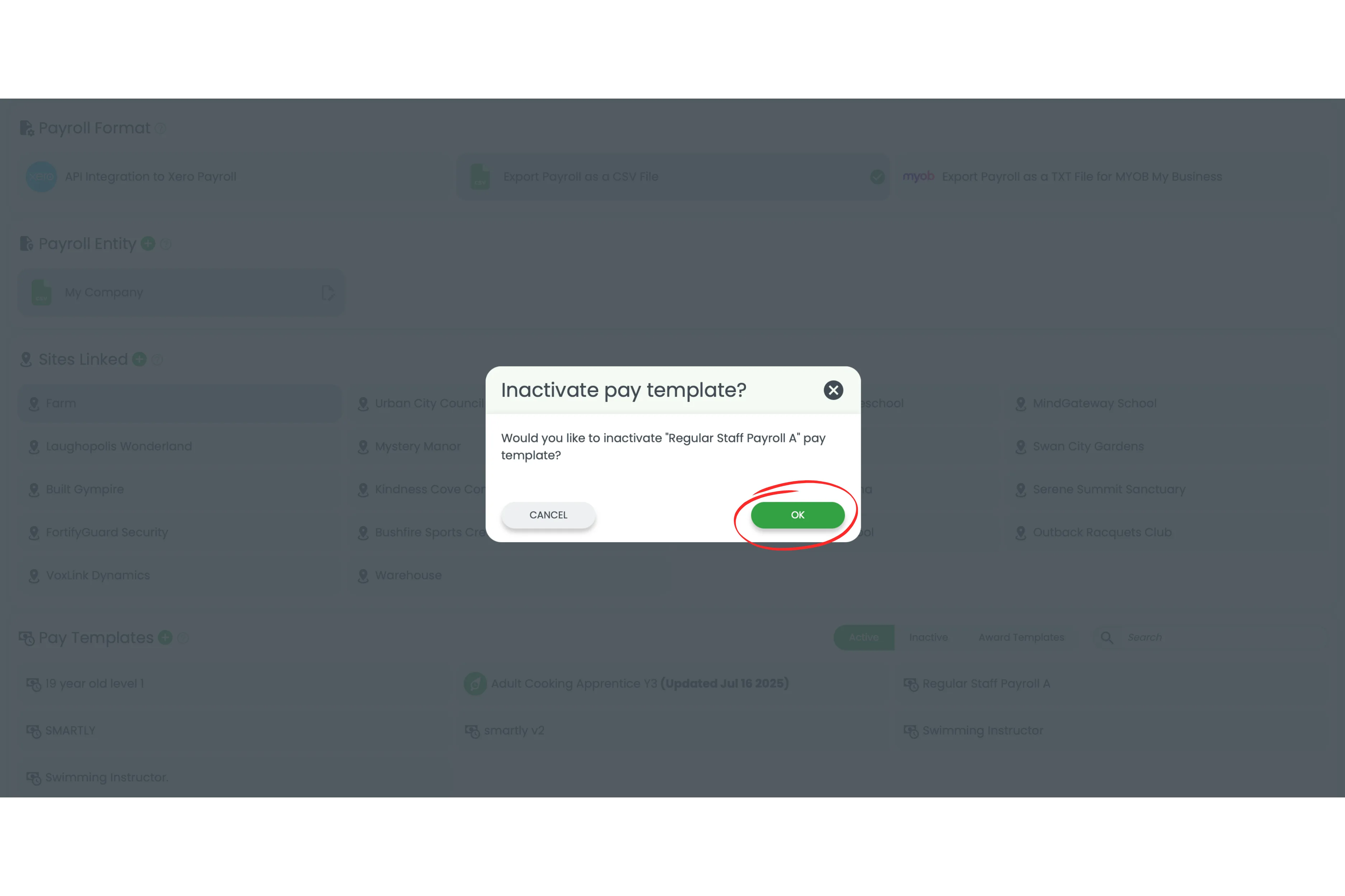 Screenshot showing the Inactivate pay template confirmation window