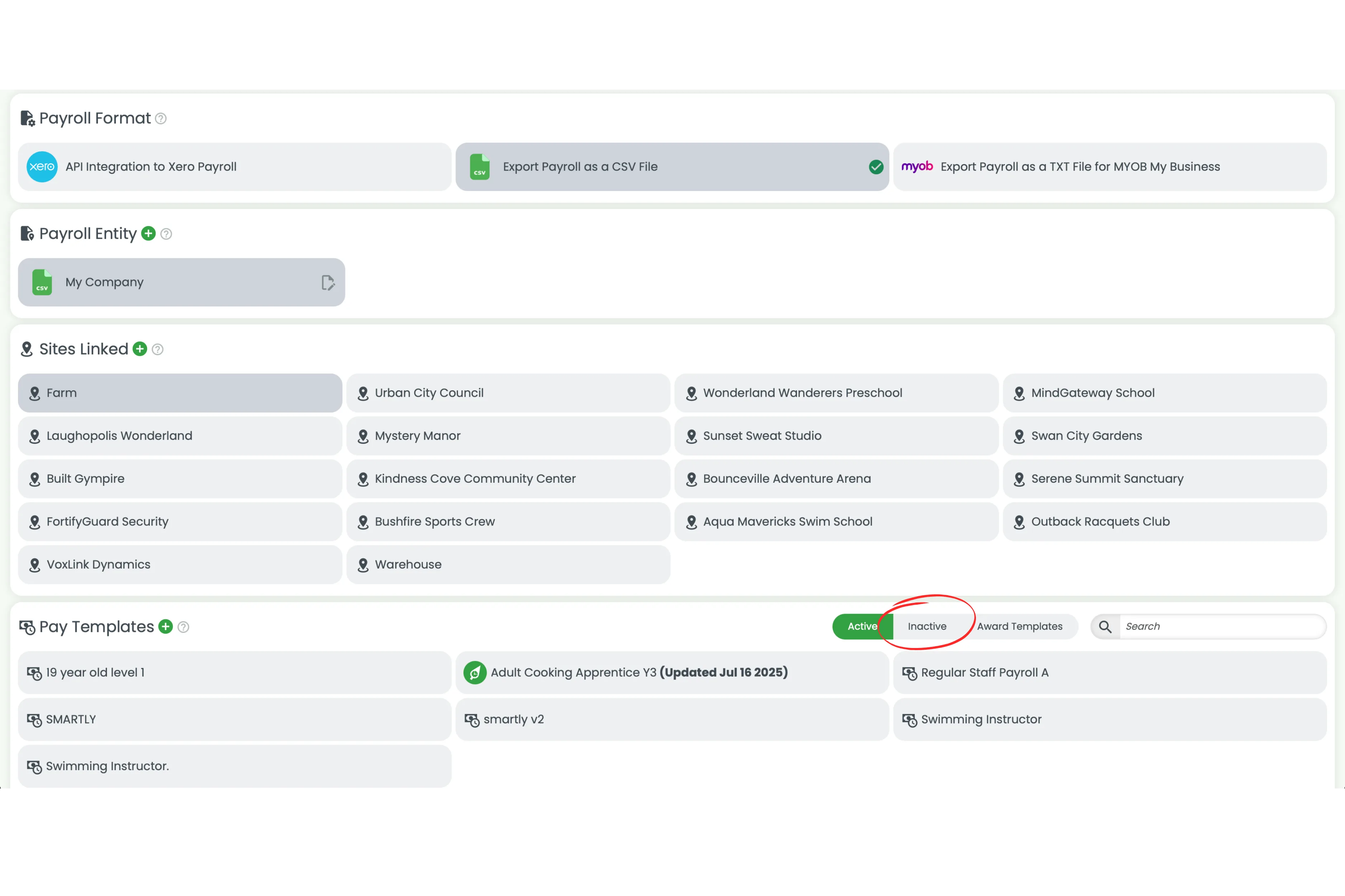 Screenshot showing the Inactive tab in the Pay Templates section