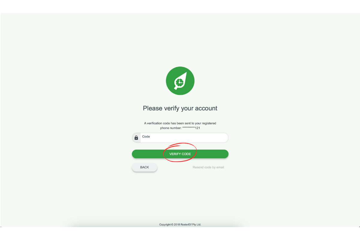 Screenshot indicating the 'Verify Code' button in the RosterElf MFA process
