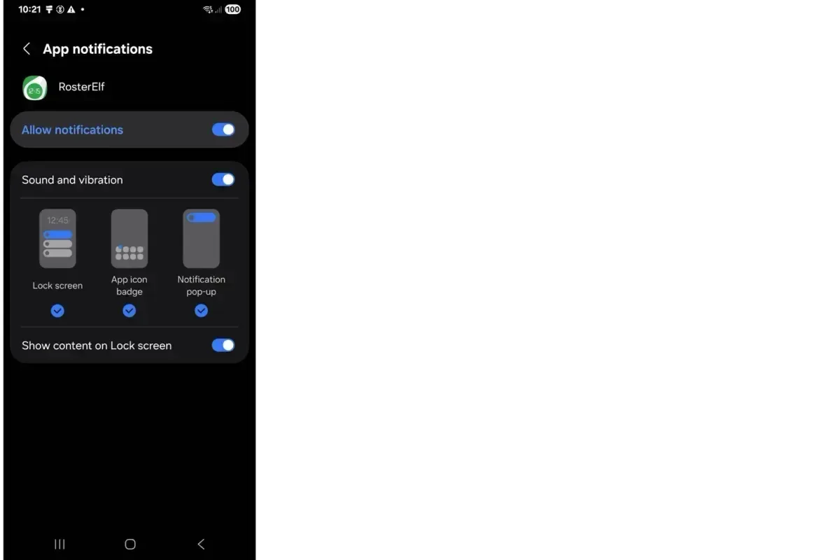 Android app notification settings for RosterElf with Allow notifications, Lock screen, App icon badge, Notification pop-up and Show content on Lock screen turned on