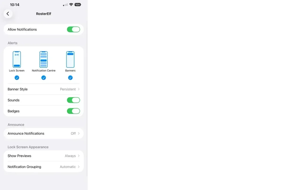 iPhone notification settings for the RosterElf app with Allow Notifications, Lock Screen, Notification Centre, Banners and Show Previews set to Always