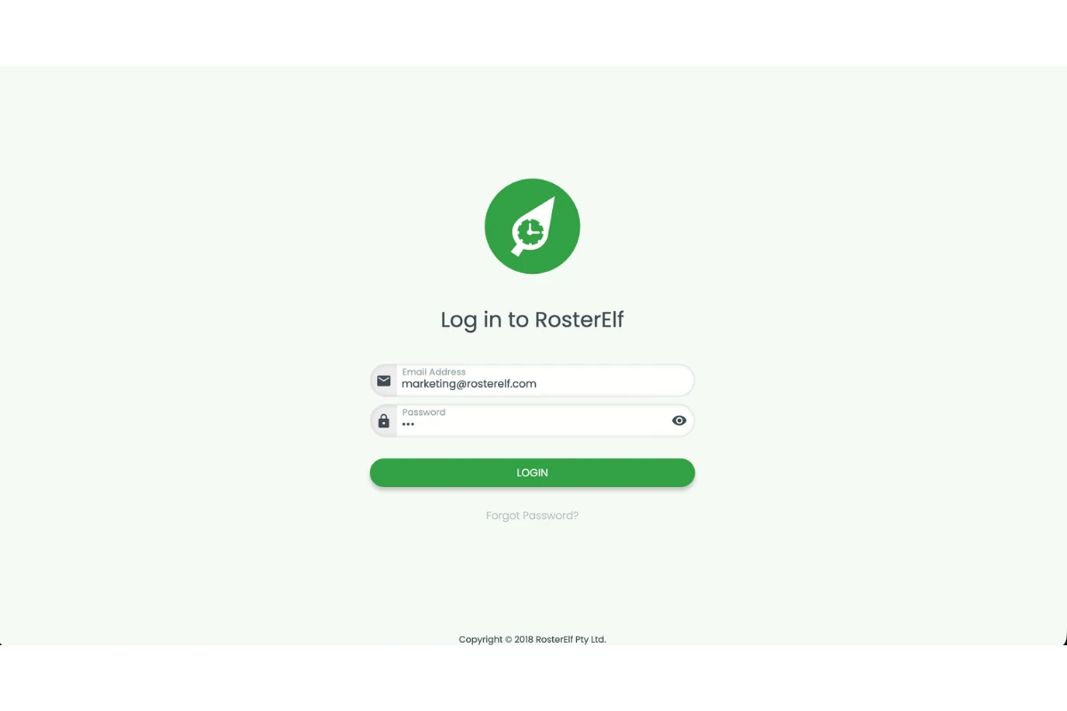 RosterElf login screen with an email address and password entered ready to log in