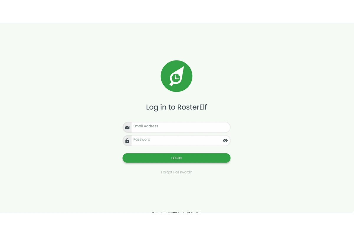 RosterElf login screen prompting for an email address and password before MFA verification