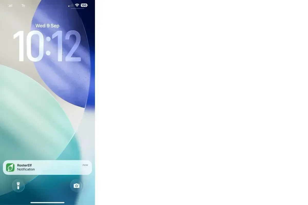 iPhone lock screen showing a RosterElf notification banner
