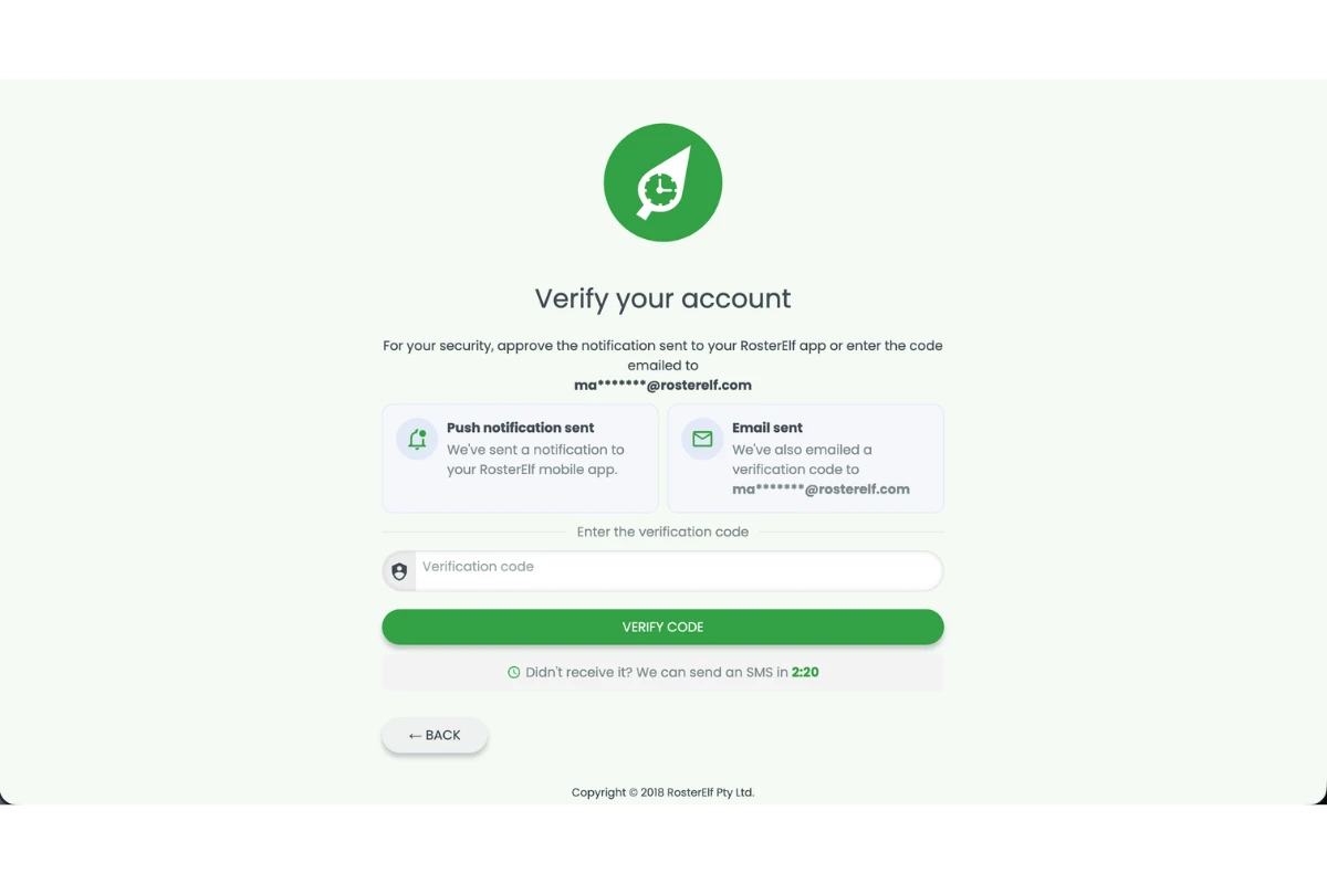 RosterElf MFA verification screen showing push notification and email code options with an SMS resend link