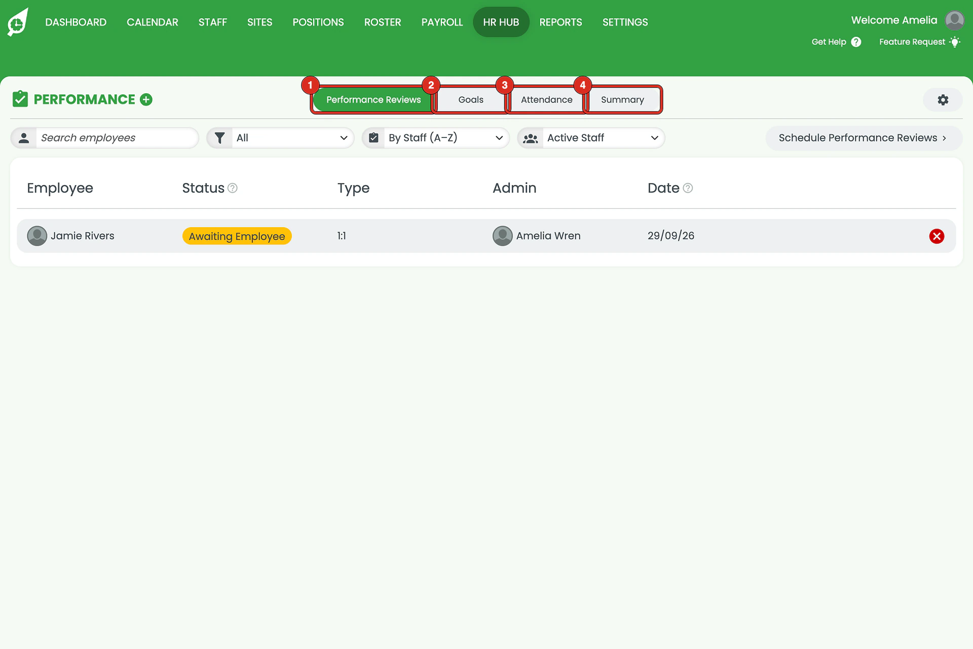 Performance module with the Performance Reviews, Goals, Attendance and Summary tabs outlined and numbered.