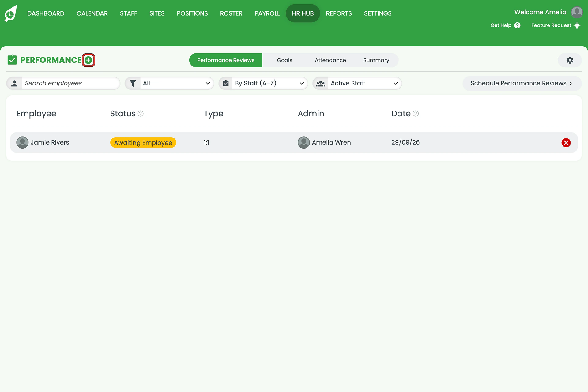 Performance Reviews tab with the Plus button beside the PERFORMANCE heading outlined.