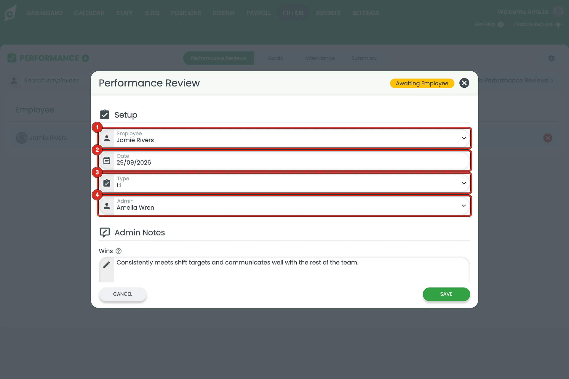 Create a Performance Review modal with the Employee, Date, Type and Admin fields outlined and numbered.