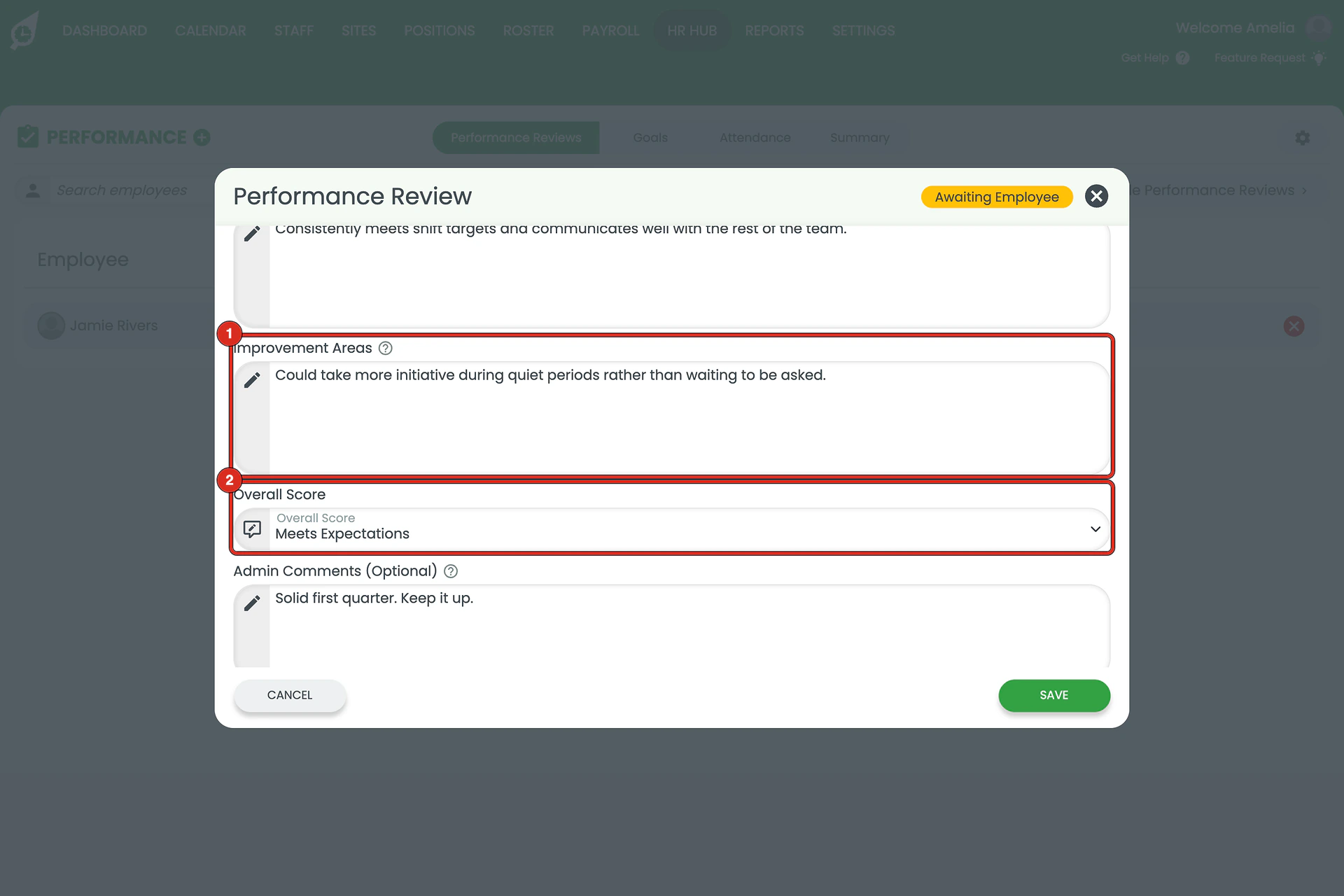 Admin Notes section with the Improvement Areas field and Overall Score dropdown outlined.