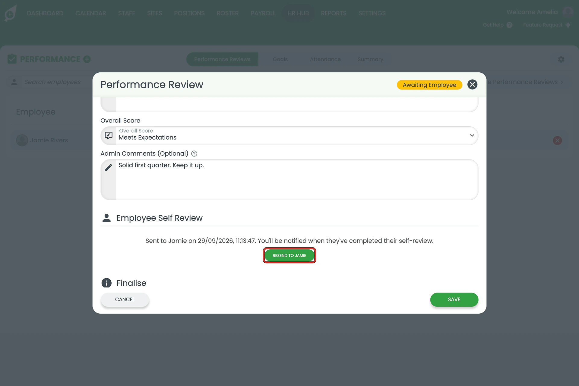 Employee Self Review section of a performance review with the send button outlined.