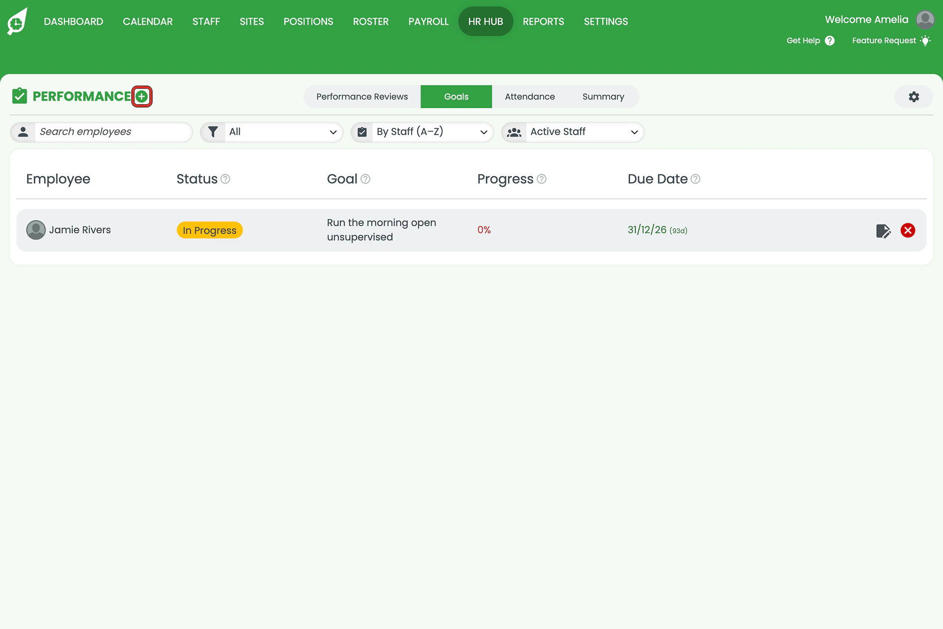 Goals tab with the Plus button beside the PERFORMANCE heading outlined.