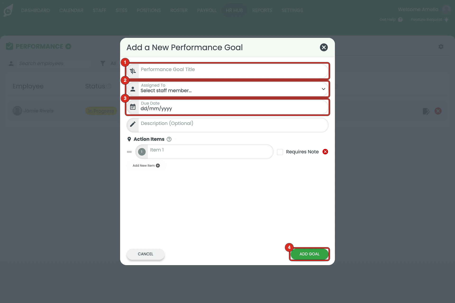 Add a New Performance Goal modal with the Title, Assigned To, Due Date fields and ADD GOAL button outlined.