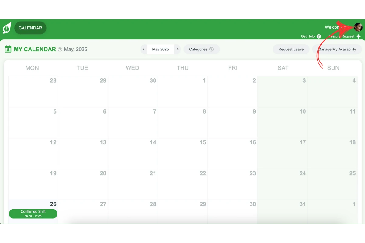 RosterElf dashboard showing top-right profile picture menu for Time Clock PIN setup