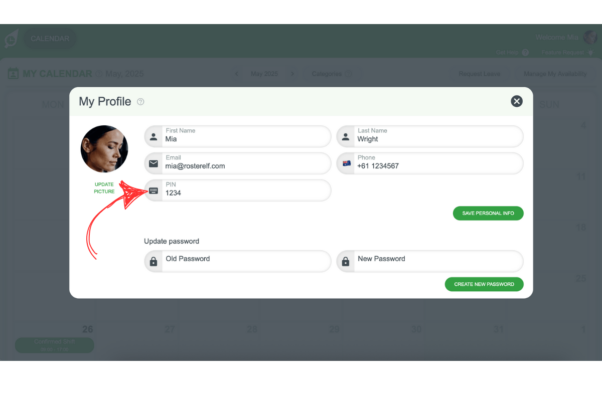 Profile modal with PIN field ready for 4-digit Time Clock PIN entry in RosterElf