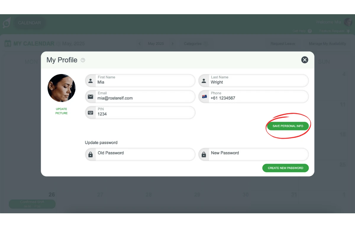 Save Personal Info button in RosterElf highlighted to confirm new Time Clock PIN