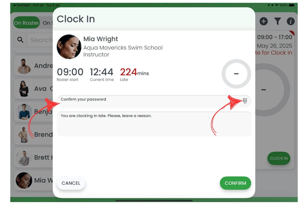 Tablet showing RosterElf Time Clock screen where employee enters 4-digit PIN to clock in