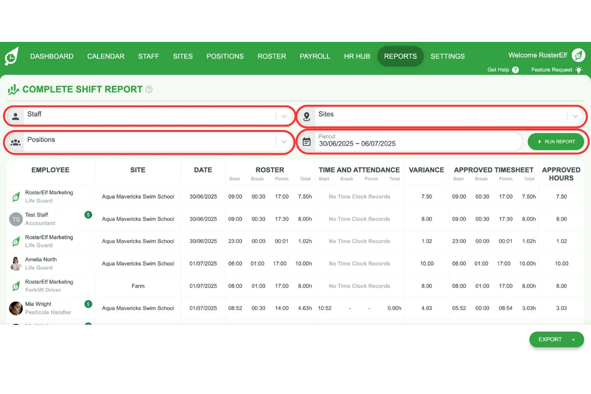 Applying filters to a report in RosterElf