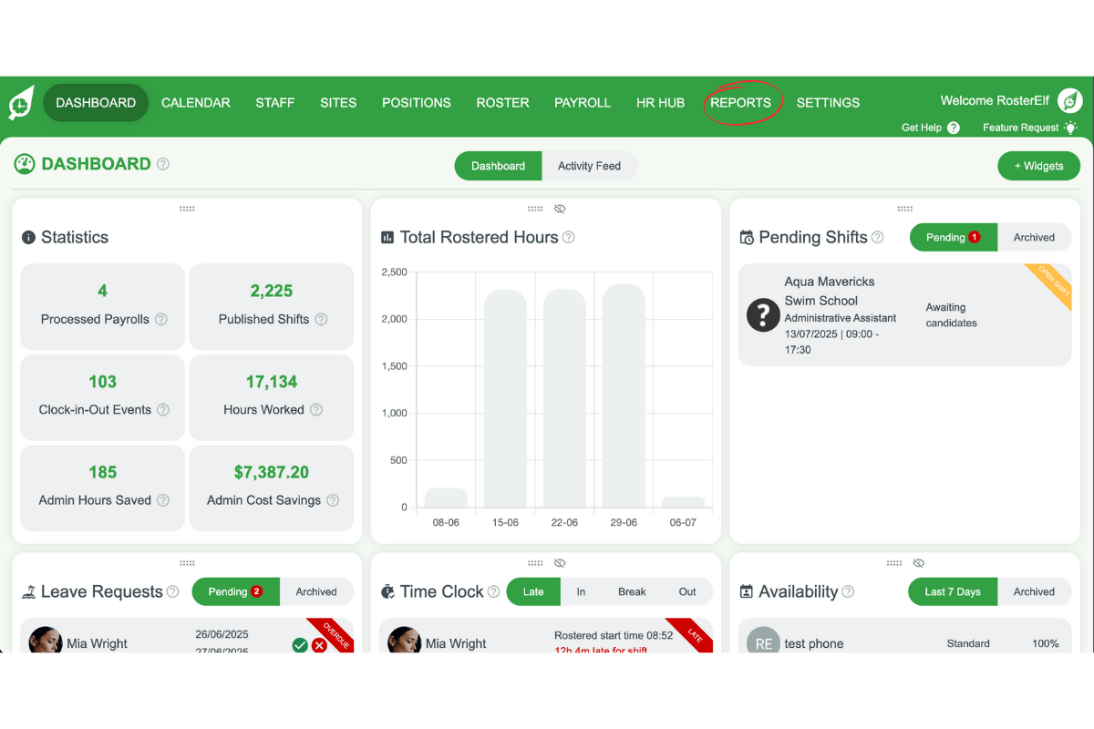 Screenshot showing the reports in RosterElf