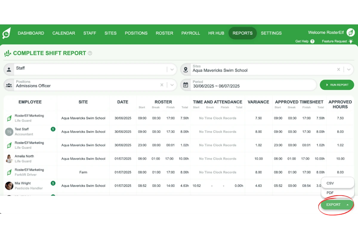 Exporting a report as CSV or PDF in RosterElf