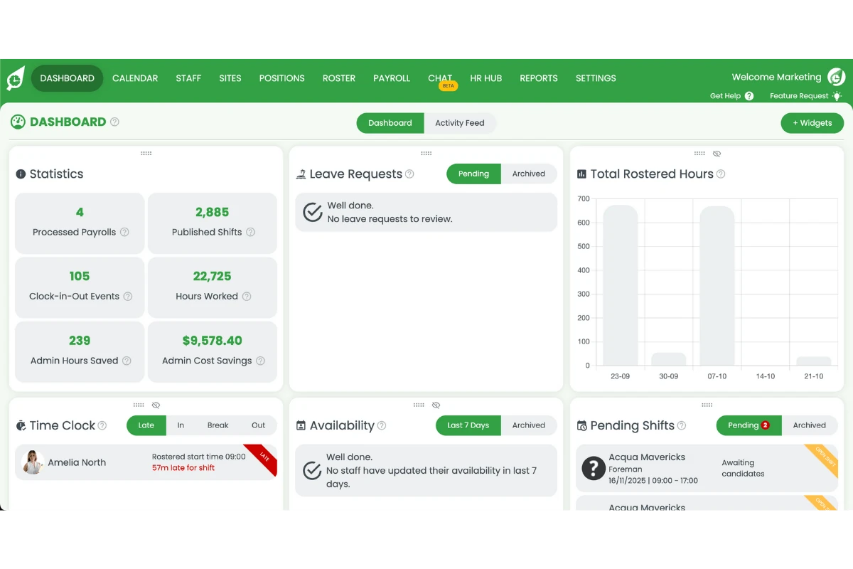 RosterElf dashboard after logging in