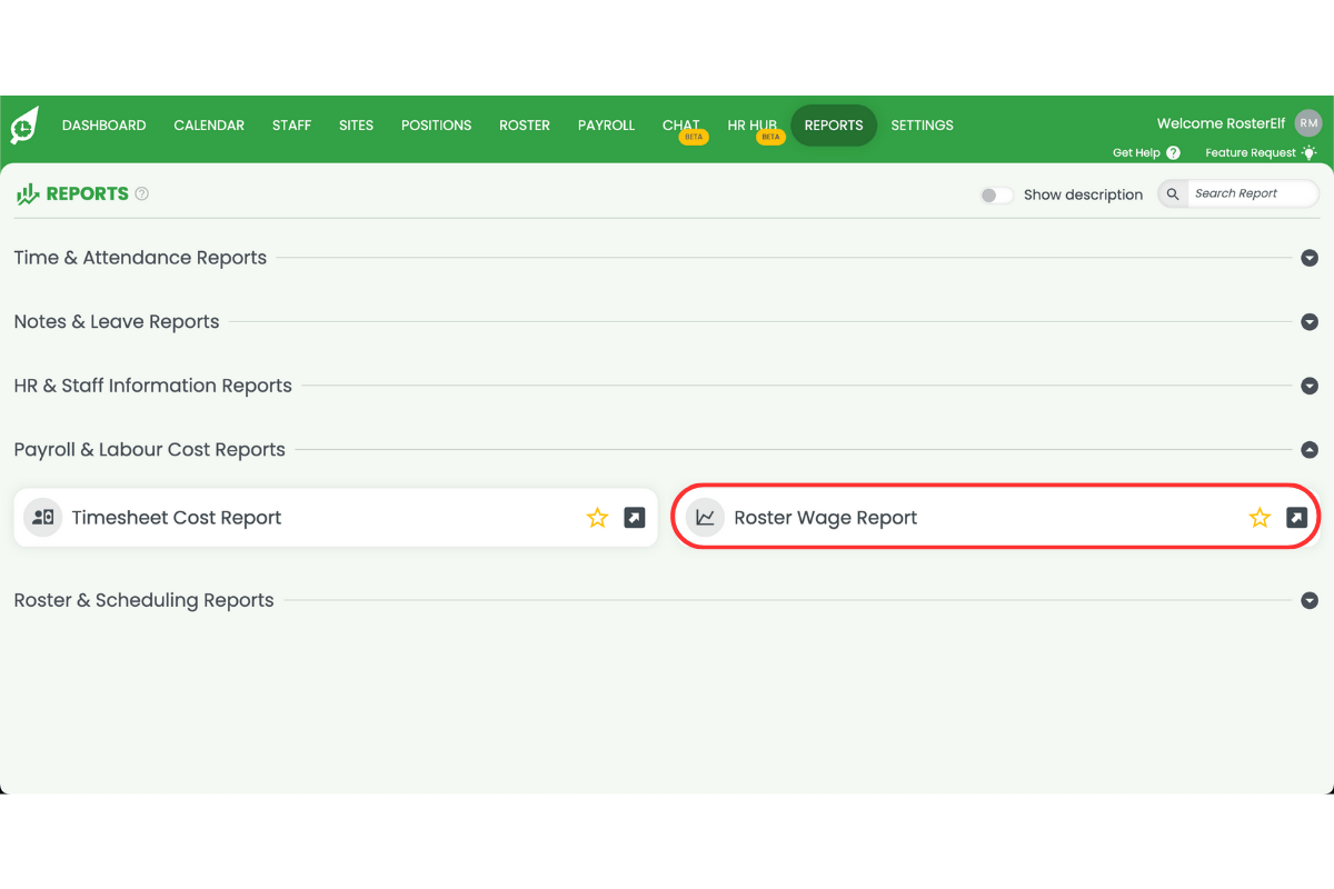 Screenshot showing the report name to open it in RosterElf