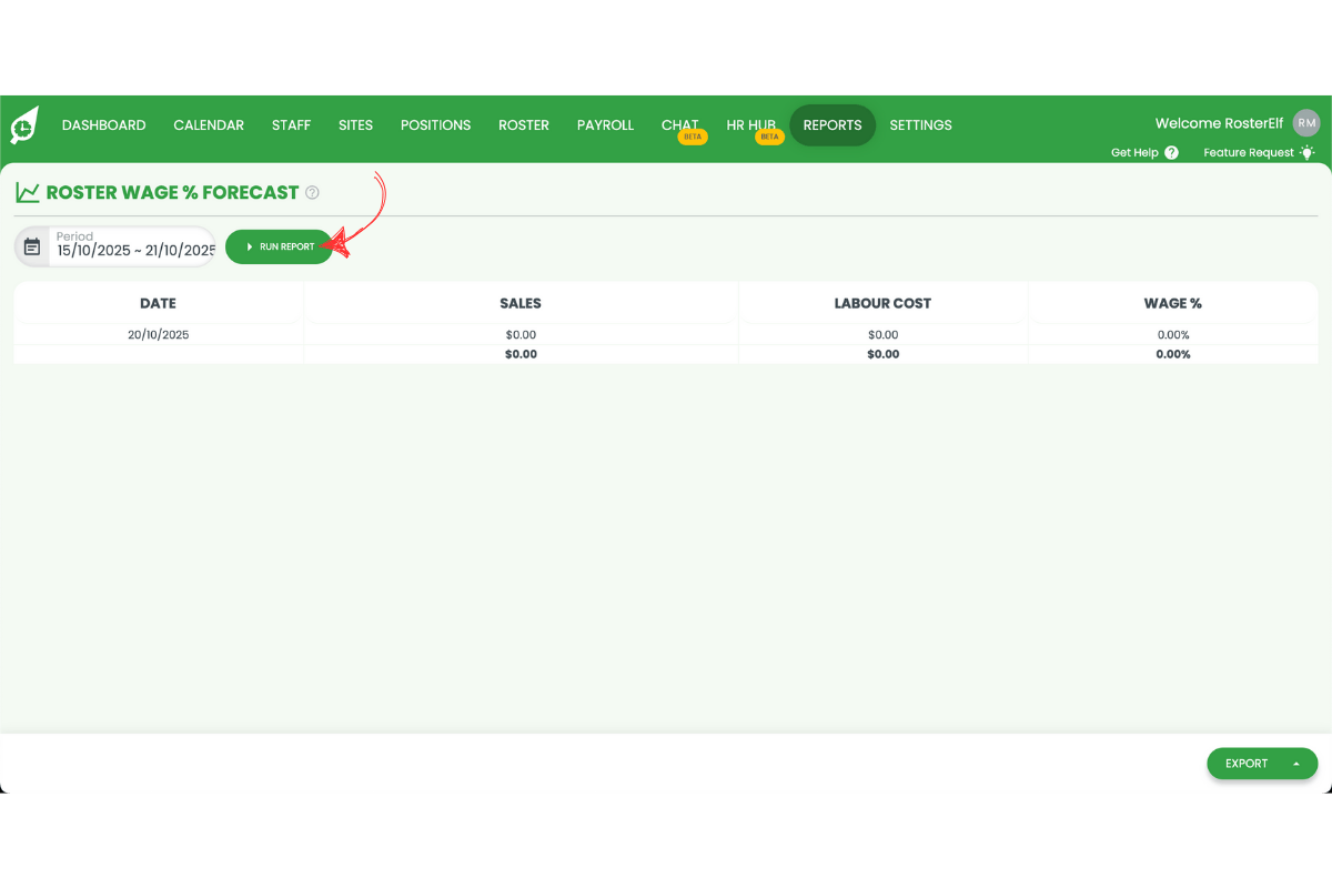 Screenshot showing the run report to generate results in RosterElf