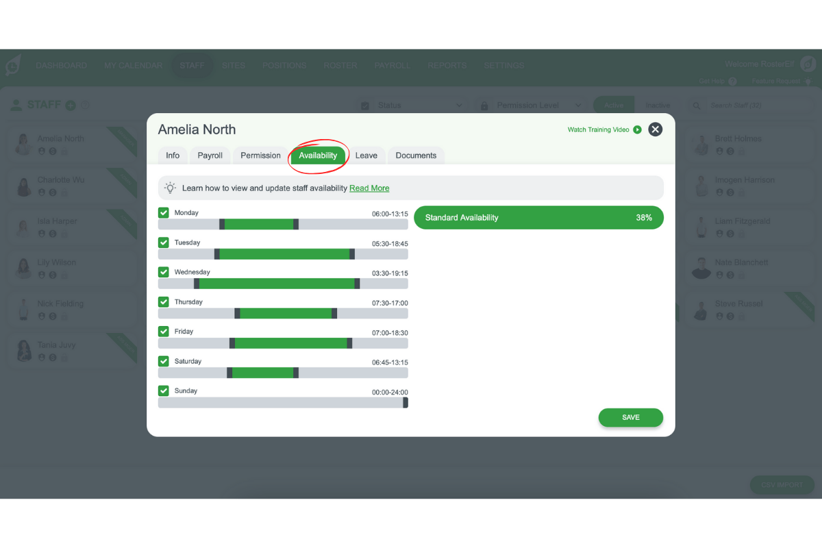 Staff profile in RosterElf with the Availability tab highlighted, showing days and hours