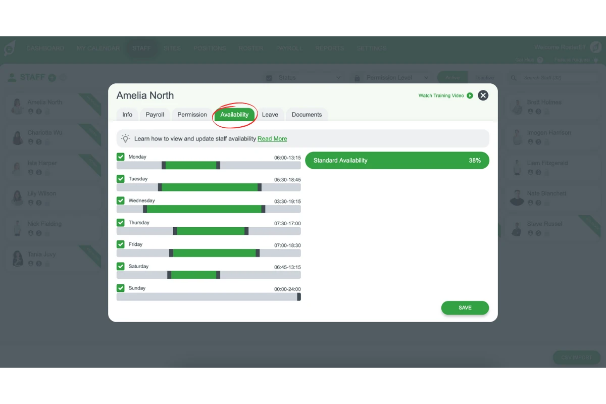 Staff profile in RosterElf with the Availability tab highlighted, showing days and hours