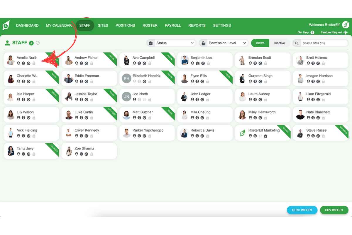 Selecting a staff member from the staff list in RosterElf