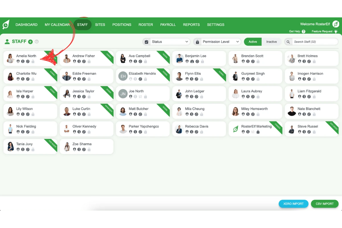 Selecting a staff member from the staff list in RosterElf