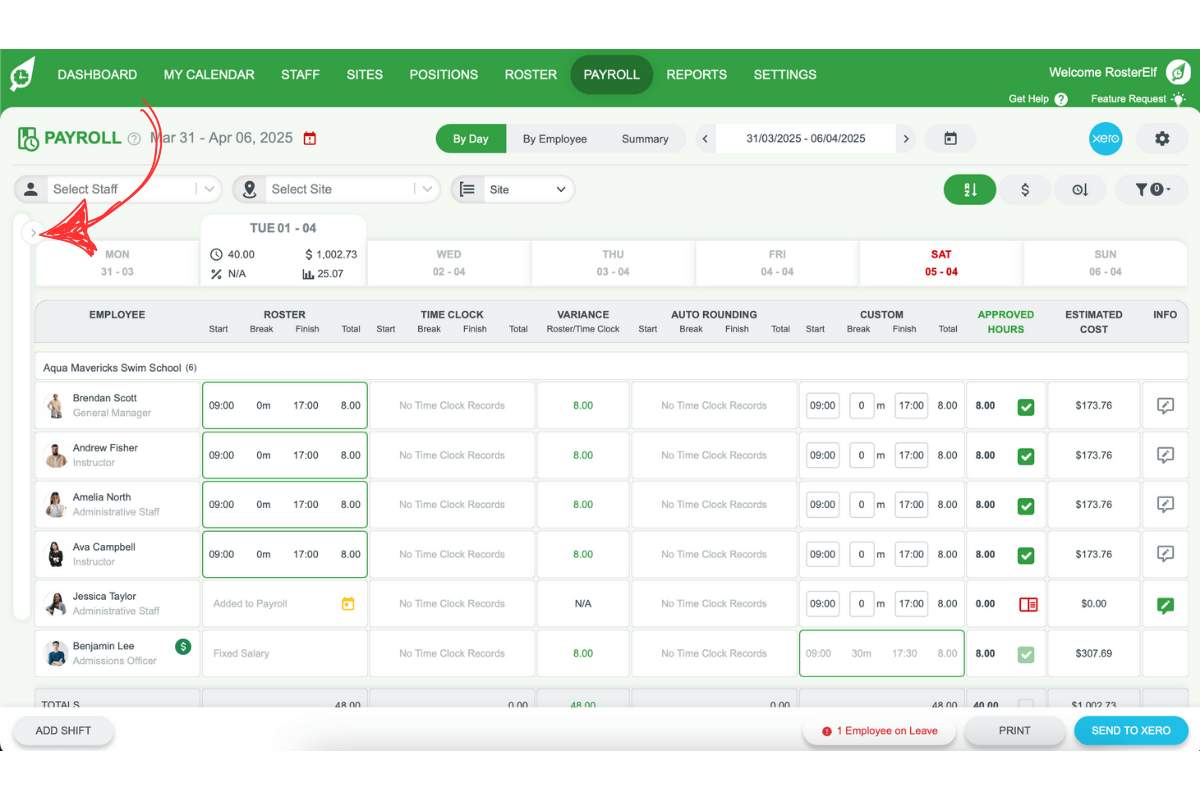 RosterElf payroll screen with the left slide panel highlighted to open the payroll summary
