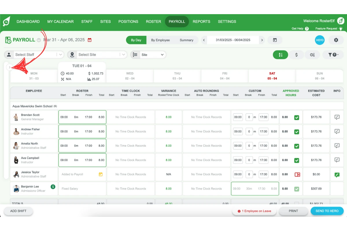 RosterElf payroll screen with the left slide panel highlighted to open the payroll summary