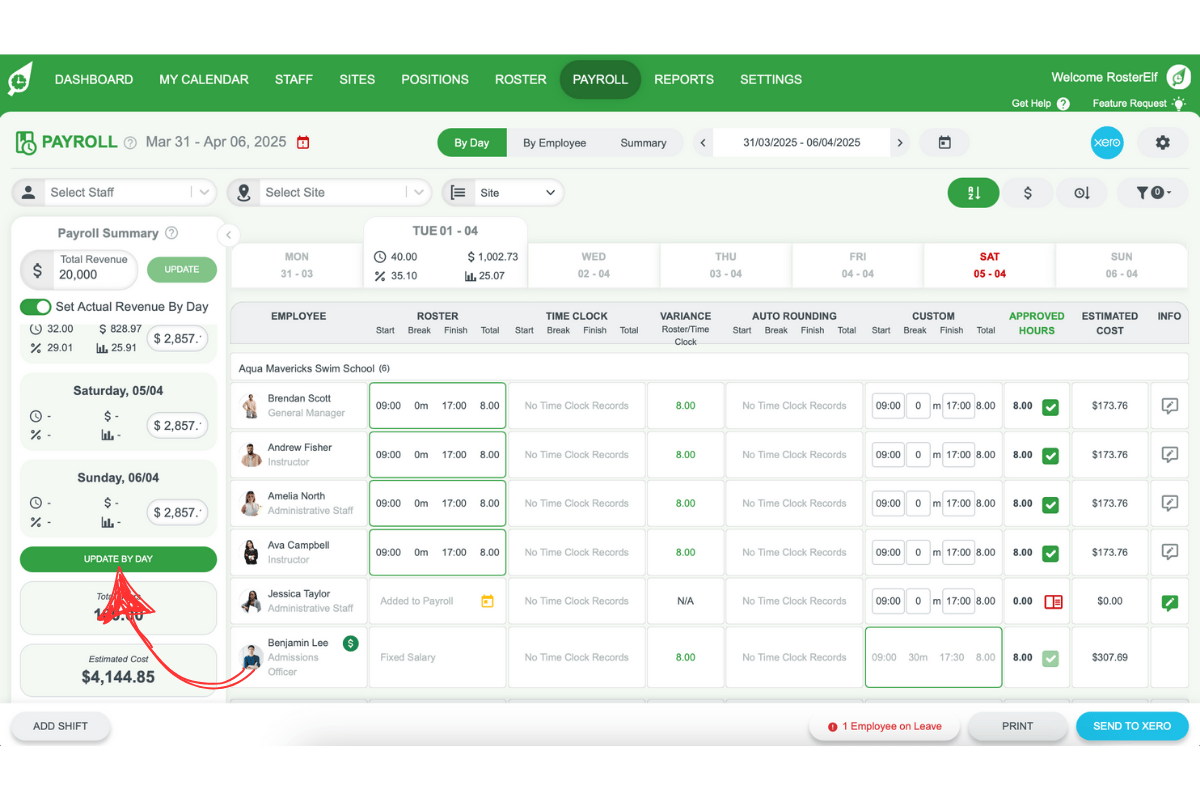 Update by Day button highlighted to save daily revenue figures