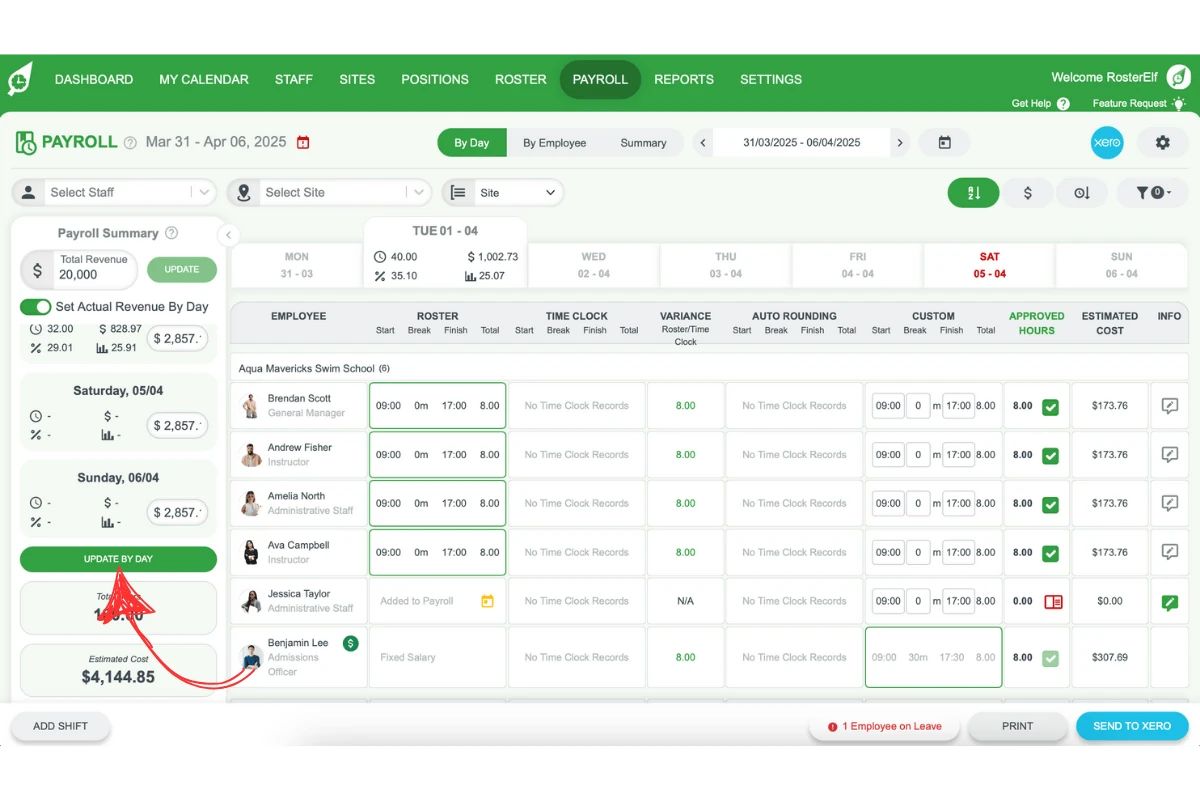 Update by Day button highlighted to save daily revenue figures