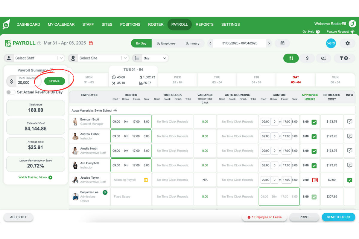 Update button highlighted next to the Total Revenue field to save weekly revenue