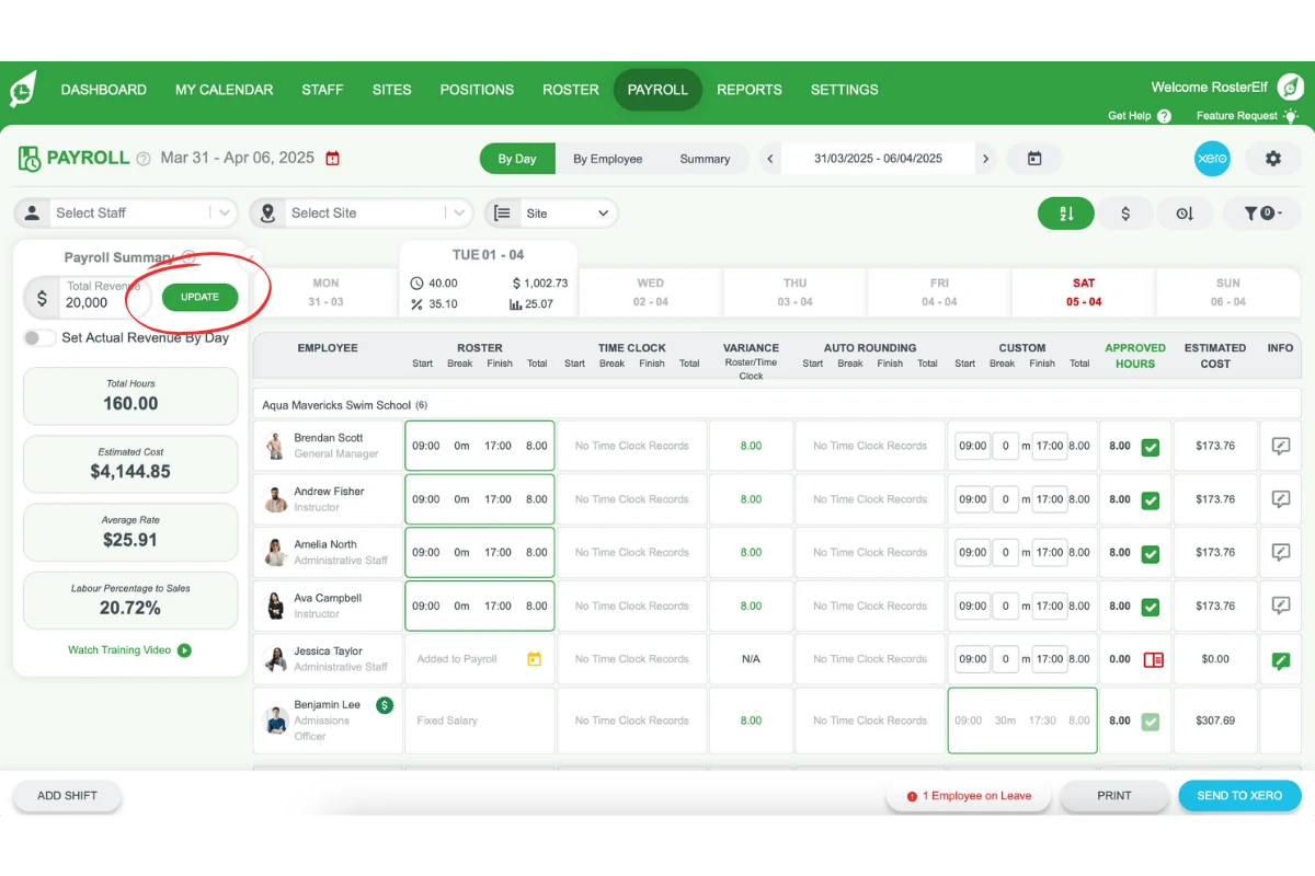 Update button highlighted next to the Total Revenue field to save weekly revenue