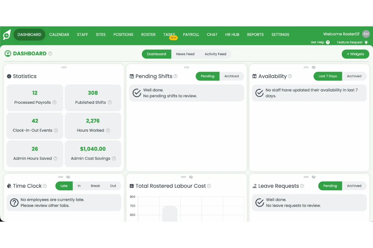 RosterElf dashboard home screen with the main navigation menu