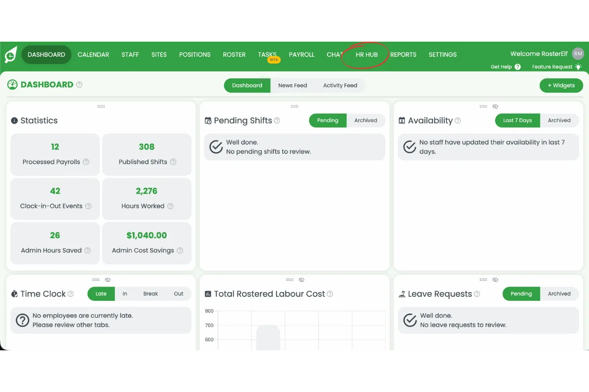 RosterElf dashboard with HR Hub circled in red in the top navigation bar