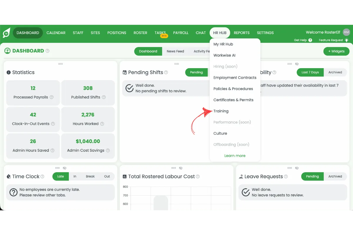 RosterElf HR Hub dropdown menu with Training circled in red