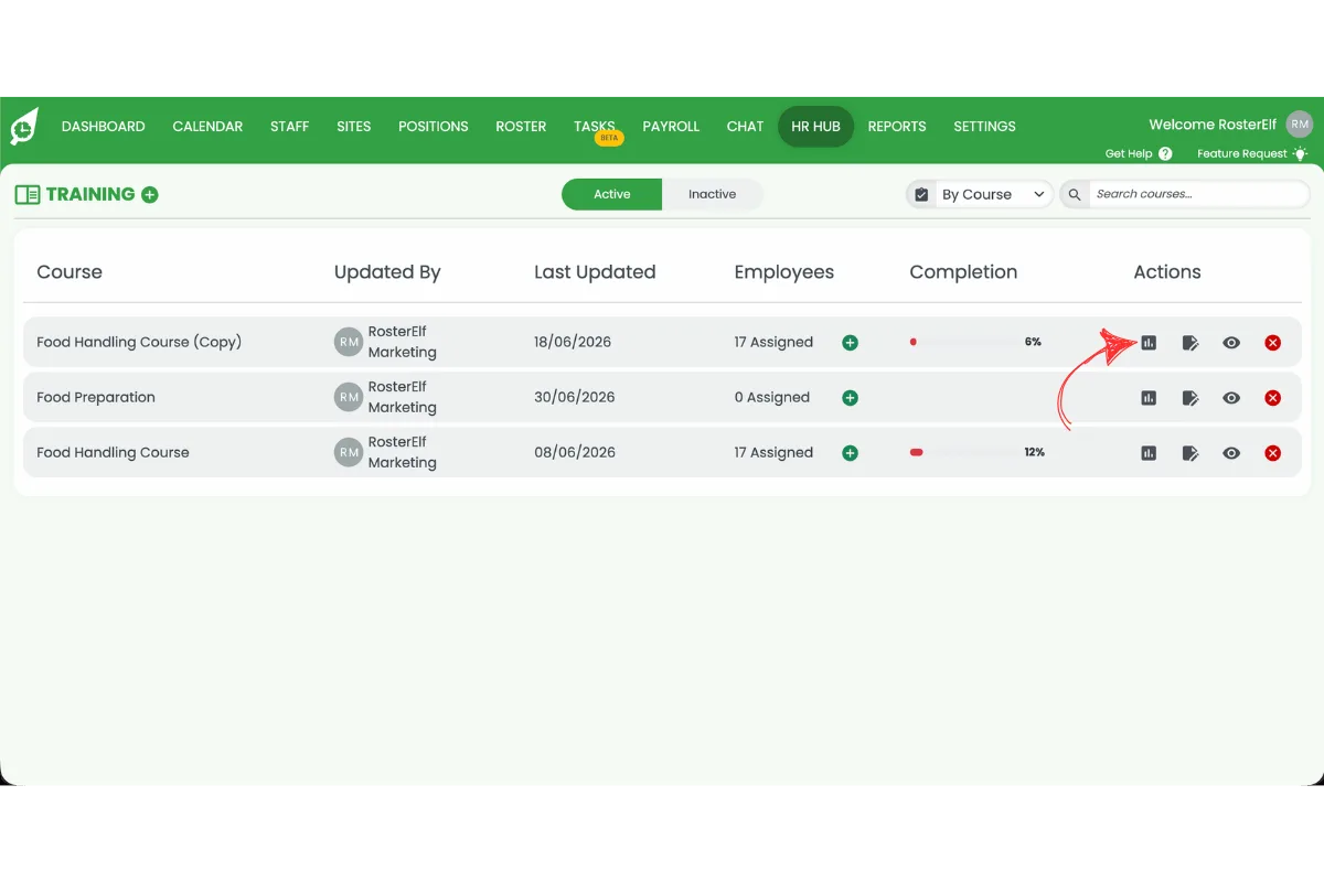 RosterElf Training course list with the Stats icon circled in red in the Actions column