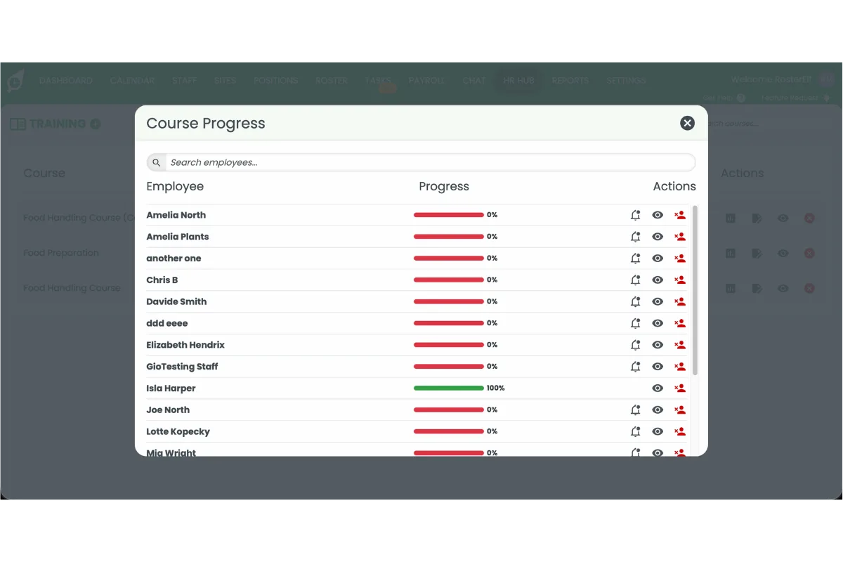 Course Progress popup in RosterElf showing employee training completion percentages