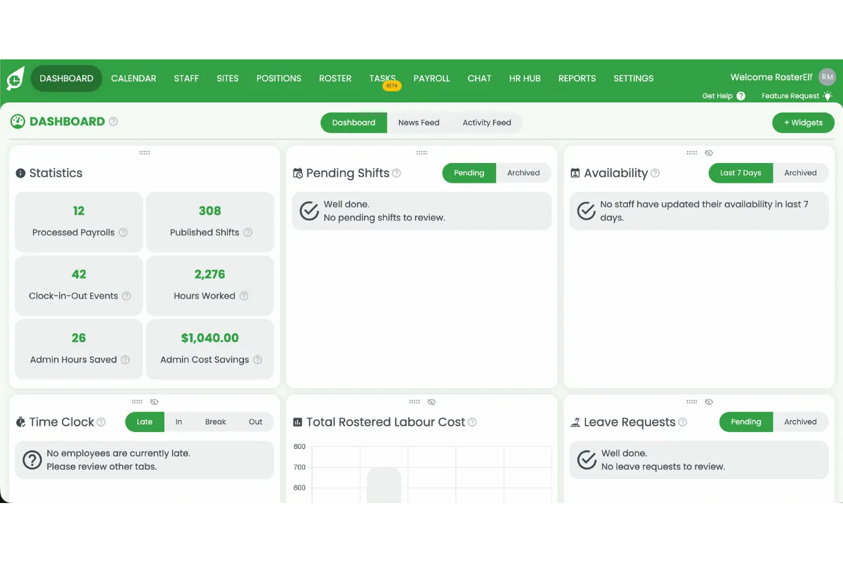 RosterElf dashboard home screen with the main navigation menu