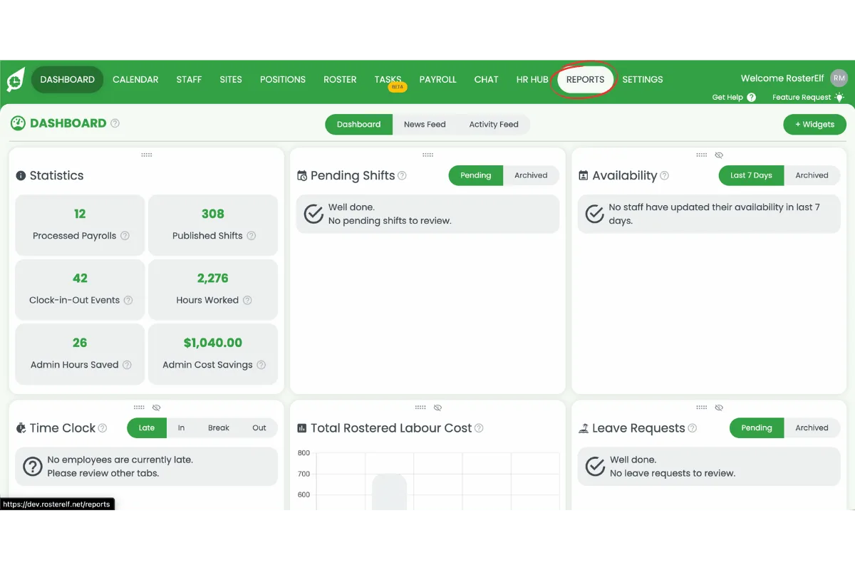 RosterElf dashboard with Reports circled in red in the top navigation bar