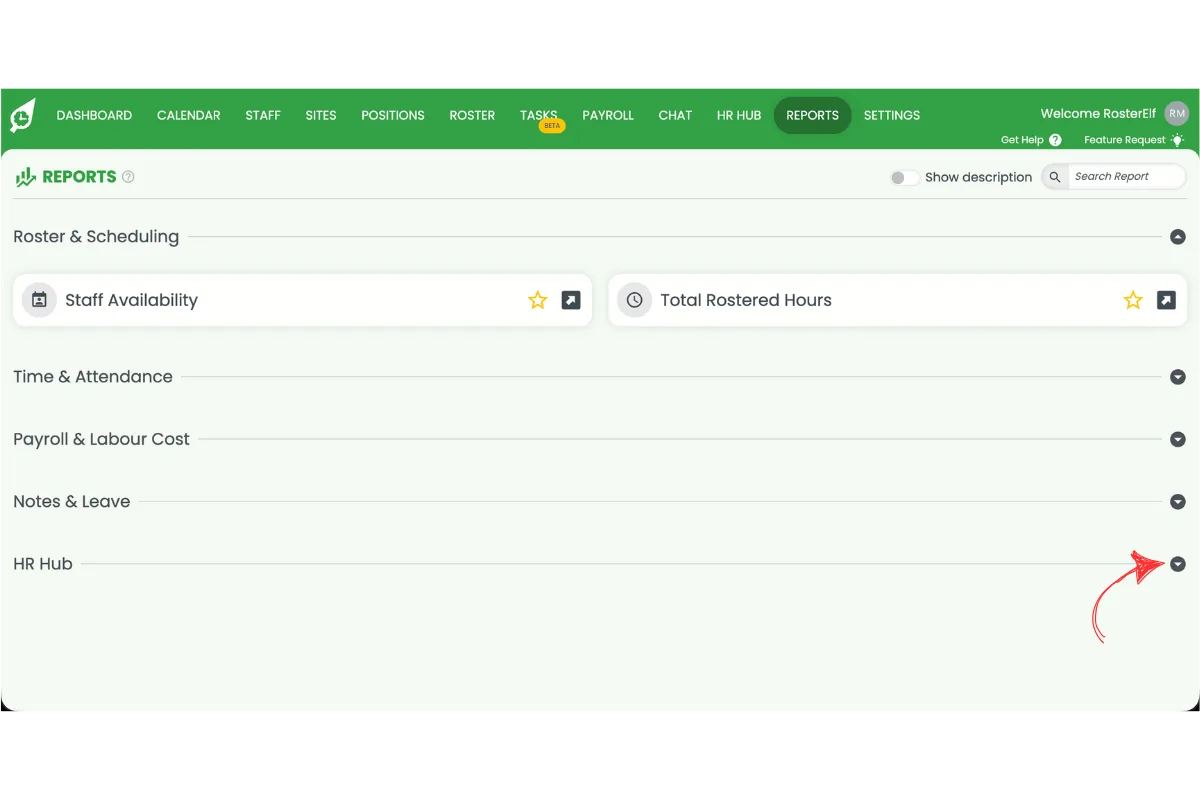 RosterElf Reports page with the HR Hub category circled in red
